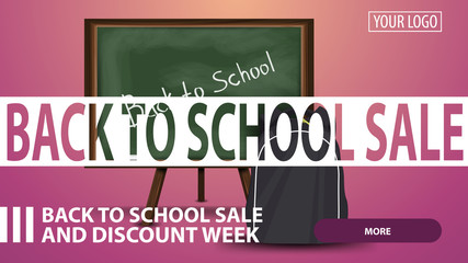 Back to school sale, creative pink discount web banner for your website with school Board and school backpack