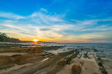 Coastal rock ledges and formations projecting in sea