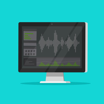 Sound or audio recorder or editor software on computer screen, flat cartoon monitor with audio mixer studio icon isolated image