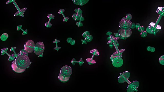 Flying dumbbells in green-pink lighting. Pure black background. Animation is seamlessly looped. Contains alpha channel.