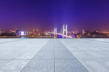 Papier Peint photo Pont de Nanpu Empty square floor and bridge buildings at night in Shanghai,China