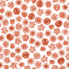 Seamless floral pattern on white background. Different bright flowers.