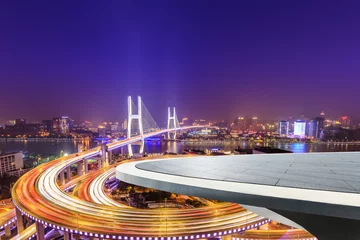 Papier Peint photo autocollant Pont de Nanpu Empty square platform and bridge buildings at night in Shanghai,China