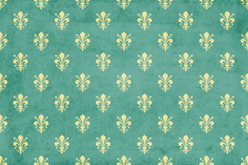 Grunge style wallpaper background with white fleur de lis on green water background © lnm