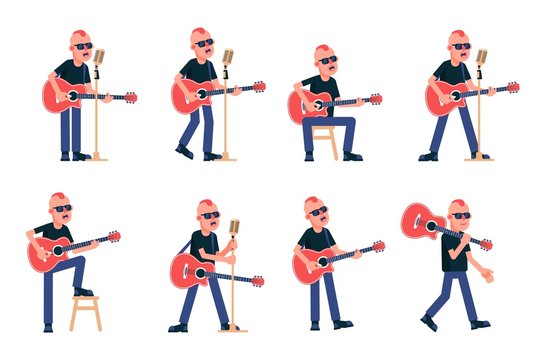 Singer guitarist with acoustic guitar in various poses. Rock Star with a punk hairstyle in black glasses. Vector isolated illustration.
