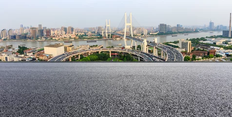Store enrouleur Pont de Nanpu Empty asphalt road and Nanpu bridge in Shanghai,China