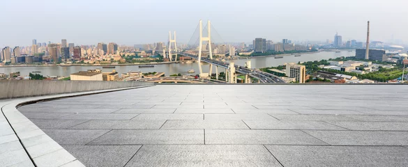 Papier Peint photo Pont de Nanpu Empty square floor and bridge buildings in Shanghai,China