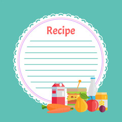 Empty recipe book in blue color, round white list with lines. Box and bottle, carrot and sandwich, honey and apple with pear, circle clean note page vector