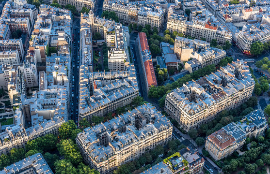 France, 7th arrondissement of Paris, Haussmannian buildings seen from the Eiffel Tower (avenue de la Bourdonnais, avenue Rapp, lycee professionnel Gustave Eiffel)