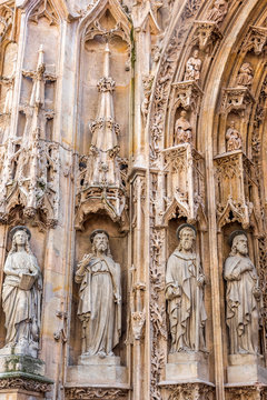 France, 4th arrondissement of Paris, detail of the Church of Saint-Merri's gothic-style ogival porch