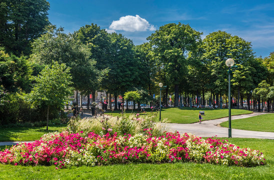 France, 8th arrondissement of Paris, avenue des Champs-Elysees, flowerbed of the Jardin des Champs-Elysees