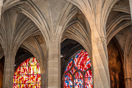 France, 5th arrondissement of Paris, Latin Quarter, church of Saint-Severin, flamboyant gothic-style ambulatory and stained-glass windows by Jean Bazaine (20th century)