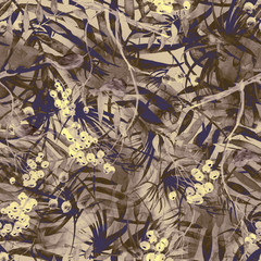 Tropical leaves. Watercolor leaves of a tree, palms, bamboo, nettle, abstract splash. Watercolor abstract seamless background, pattern, spot, splash of paint, branch with berry, color. Tropic pattern.