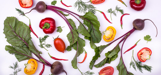 Vegetables pattern with tomatoes, beet and pepper on aligt gray background.