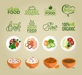 Fresh food and ingredients vector, bowls with prepared meal, paprika and cucumber, carrot and tomato, bell pepper and spices, eco logotypes healthy dishes. Vegan healthy food menu