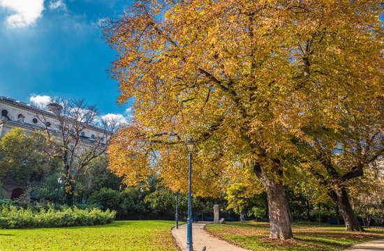 France, Paris, 4th arrondissement, city park of the Saint Jacques Tower (Tour Saint-Jacques) in autumn