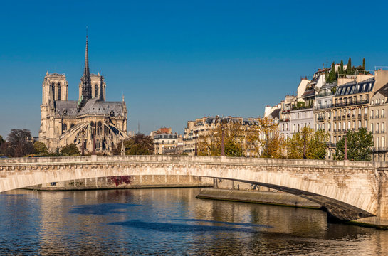 France, Paris, 4th arrondissement, Ile Saint-Louis with the residential buildings of the Quai d'Orleans and the Pont de la Tournelle, and the Cathedral Notre-Dame of Paris in the background