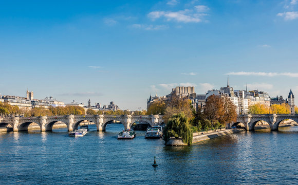 France, Paris, 1st arrondissement, Pont Neuf on the Seine river and square Vert Galant at the tip of l'Ile de la Cite