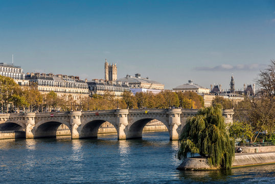 France, Paris, 1st arrondissement, Pont Neuf on the Seine river, square Vert Galant at the tip of l'Ile de la Cite, Quai de la Megisserie and the Tour Saint-Jacques in the background.