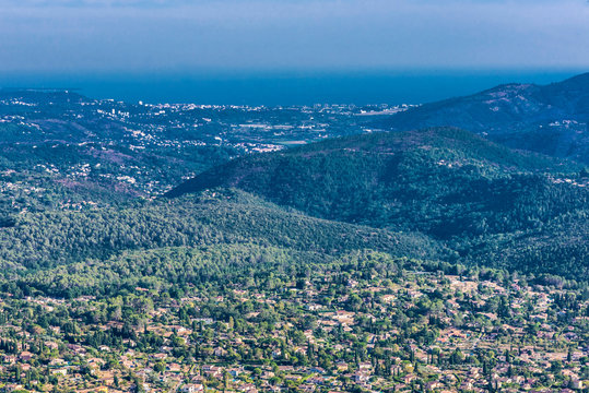 France, Provence-Alpes-Cote-d'Azur, Alpes-Maritimes, view on the Pays de Grasse from Cabris, the Mediterranean sea, the mountain massif of the Tanneron and the Golfe de la Napoule