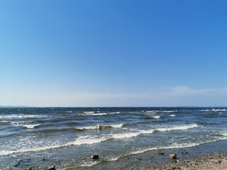 the beach with waves and sunshine