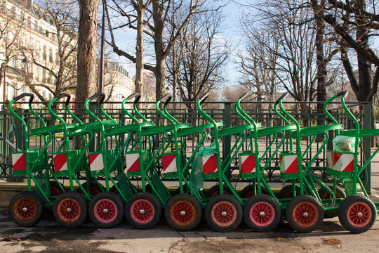France, Paris, 75, 8th arrondissement, Avenue Gabriel, street cleaning trolleys for the city of Paris.