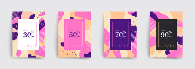 Set of sale brochures templates. Memphis cover template 30 off, 50, 70, 90 percent sale label symbols, discount promotion icon. Trendy colorful bubble shapes composition. Vector backgrounds.