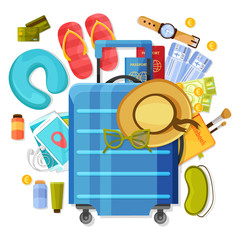 Suitcase Tourism Items Composition