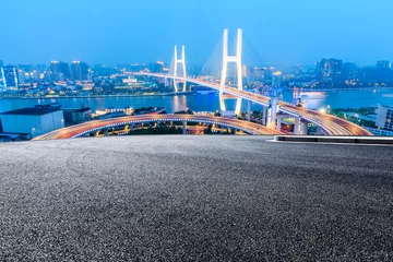Papier Peint photo Pont de Nanpu Empty road and Nanpu bridge at night in Shanghai,China