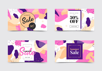 Set of sale gift card templates. Memphis covers design. Trendy colorful bubble shapes composition. Vector backgrounds.