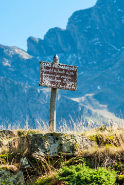 France, Pyrenees National Park, Hautes-Pyrenees, Hautacam mountain, sign enouraging people to respect the environment