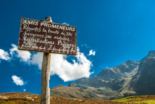 France, Pyrenees National Park, Hautes-Pyrenees, Hautacam mountain, sign enouraging people to respect the environment