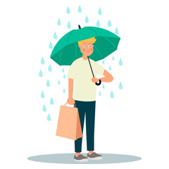 Young man character hold umbrella under rain. Vector illustration on white background in cartoon style
