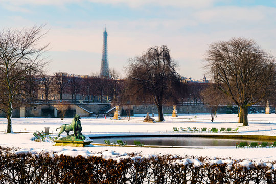 Europe, France, Ilde de France, Paris, The Tuileries Garden under the snow, with the Eiffel tower on the background