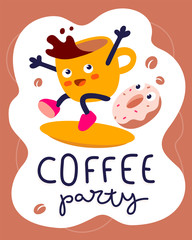 Vector creative illustration of energy coffee cup character riding on a surfboard with donut and text.