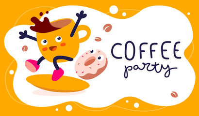 Vector creative bright illustration of happy energy coffee cup character riding on a surfboard.