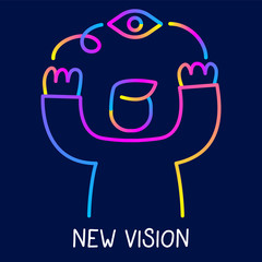 Vector creative neon color illustration of business man raising hands and pointing to the eye on dark background with text.