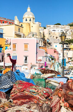 View of Procida Harbor and village, Gulf of Naples, Campania Region, Italy