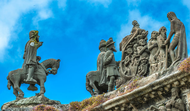 France, Brittany, Pleyben, wayside cross of the parish enclosure, horseman and Gueule d'enfer