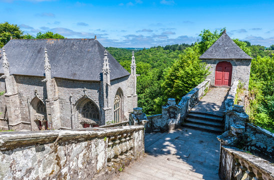 France, Brittany, Le Faouet, Chapelle Sainte Barbe (flamboyant gothic), monumental staircase and an oratory
