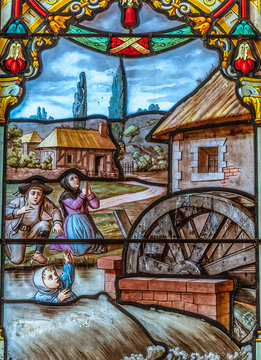 France, Brittany, Le Faouet, Chapelle Sainte Barbe, stained glass representing the miracles of Saint Barbara ("popular" stained glass, 19th century), the drowning