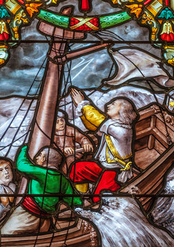 France, Brittany, Le Faouet, Chapelle Sainte Barbe, stained glass representing the miracle of Saint Barbara ("popular" stained glass 19th century), the shipwreck