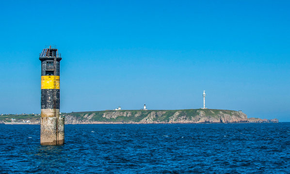France, Brittany, Ile d'Ouessant, Pointe de Penn ar Lann, Men Korn beacon, Stiff lighthouse, radar tower of the CROSS (Regional Operational Centres for Monitoring and Rescue) and semaphore
