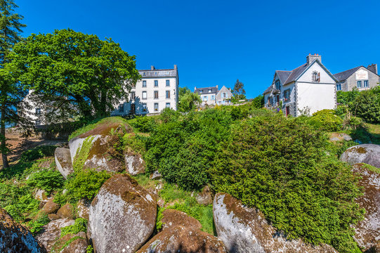 France, Brittany, Monts d'Arree, Huelgoat fores, houses near the Chaos de Huelgoat