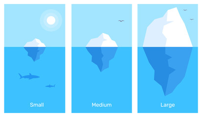 Vector business infographics element template. Creative illustration of 3 different size iceberg in blue water.