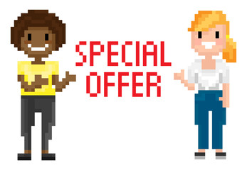 Special offer poster or web page of pixel game, women characters isolated on white, portrait and full length view of shooting females, geometric vector