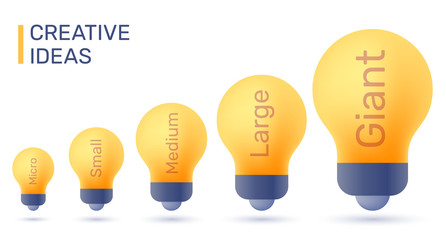 Vector creative illustration of different size yellow light bulb on white background. Business infographics element template.