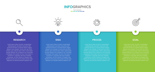 Concept of arrow business model with 4 successive steps. Four colorful rectangular elements. Timeline design for brochure, presentation. Infographic design layout.