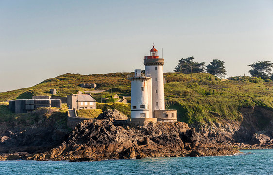 France, Brittany, Goulet de Brest, Plouzane, Petit Minou lighthouse (1848) and old radar tower of the semaphore of the national navy (military field)