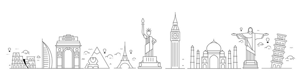 Travel the world monument concept - Vector Flat Line Art Design.